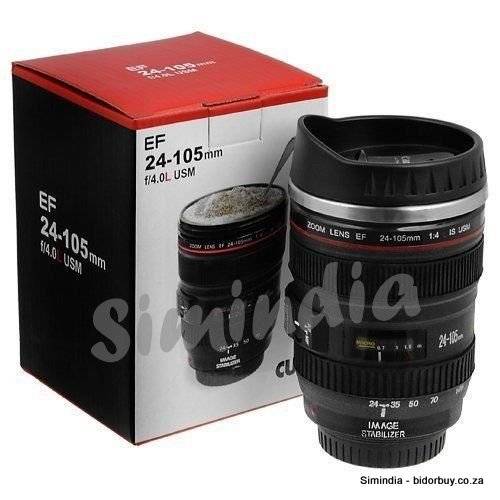 Camera Lens Cup 24-105 Coffee Tea Travel Mug Stainless Steel Thermos & Lens Lid