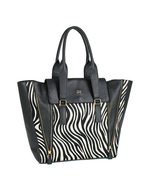 J&C JACKY & CELINE Designer Shoulder Bag Black & Zebra Print, Genuine Leather - Made in Italy