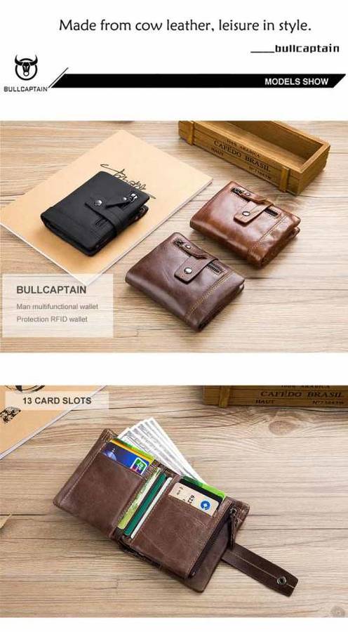 BULL CAPTAIN wallet men genuine leather vertical card package buckle (BLACK) (QB04)