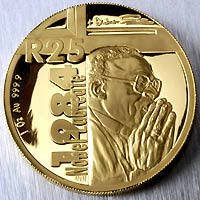 Limited Edition Proof Desmond Tutu 3 Coin Set in Blue Leatherette SA Mint Case . 24 Carat Gold