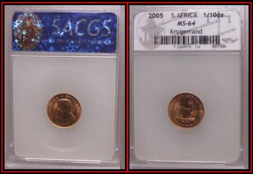 MS 64 2005 Kruger Rand 22 Carat Gold Coin.Solid Gold Bullion.  One Tenth Graded MS 64