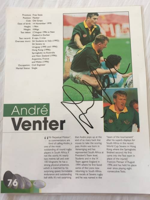 Autograph of Andre Venter Springbok Rugby Legend on A4 Laminated Page