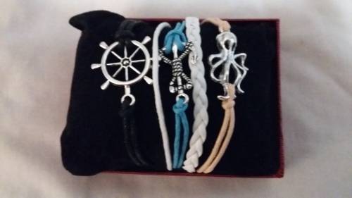 Black, Blue, Peach & White Strap with Wheel, Rope & Octopus Charm Bracelet