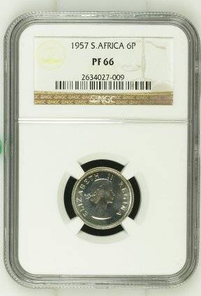 1957 SA UNION SILVER 6 PENCE NGC PROOF 66