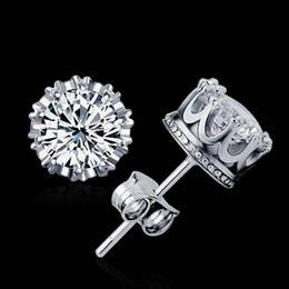 ***CREATED SIM DIAMOND PLATINUM PLATED CROWN STUD EARRINGS***