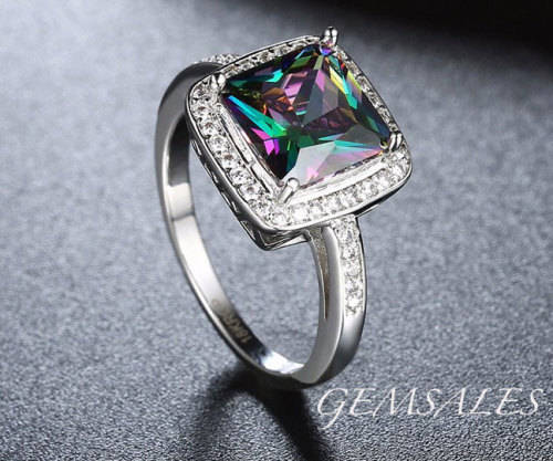 *** Genuine Gemstone Mystic Topaz Ring*** WHITE  GOLD PLATED ~ STAMPED 18KRGP  ~ SIZE 8 ~