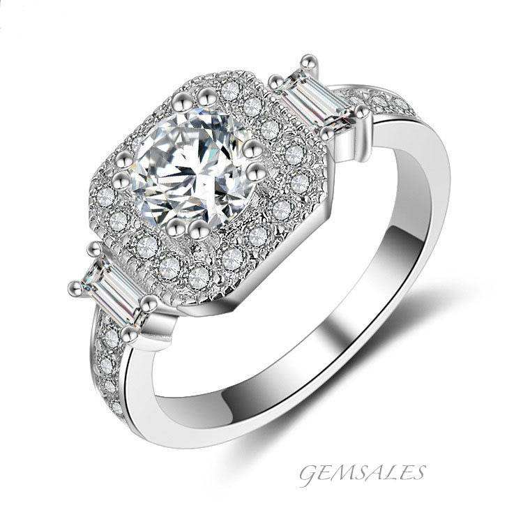 0.75ct SIM DIAMOND CZ IN HALO SETTING *BAGUETTE INLAY* #S925#  SIZES AVAILABLE     7    /    8