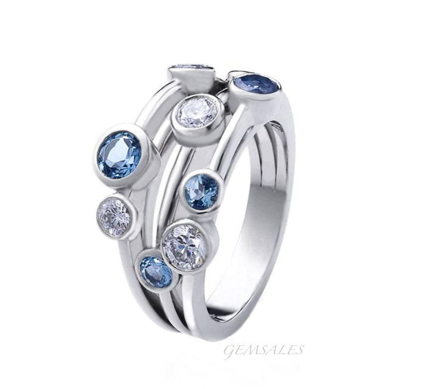 EXQUISITE BLUE & WHITE TOPAZ CZ IN TUBE SETTING*S925*  SIZES  6  -  8  -  9  -  10  AVAILABLE