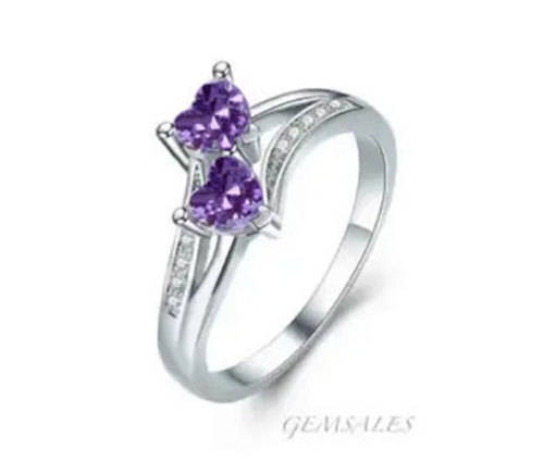 *DOUBLE HEART DESIGN* AMETHYST TOPAZ CZ #DAINTY#   S925    SIZE   6   -   M   -   52mm