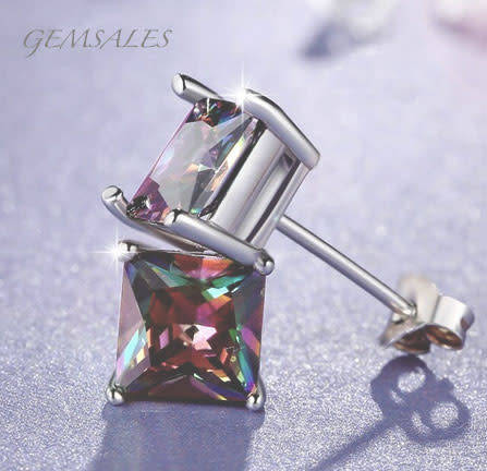 2.9ct Mystic Topaz Princess Cut CZ STUD EARRINGS #NEW ARRIVAL#   8mm
