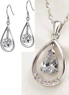 SILVER NECKLACE AND EARRING SET, AUSTRIAN CRYSTAL, PLATINUM PLATED