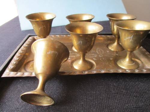 Vintage solid brass Egg Cup and Tray set, 6 cups
