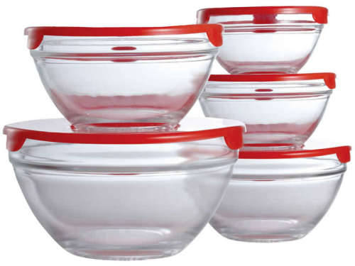 5 Pc Glass Mixing And Storage Bowl Set - Red