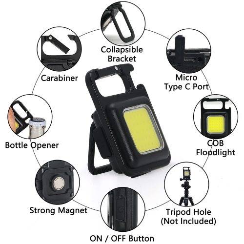 Mini COB Flashlight 500 High Lumens Rechargeable Keychain, 4 Light Modes, with Foldable Stand