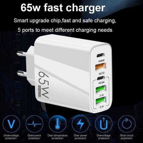 65W Charger USB 5 Port Charger Compatible GaN Technology Fast Charging Charger