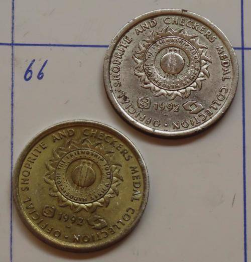 2 x Shoprite Checkers tokens (gold and silver version) MB2030