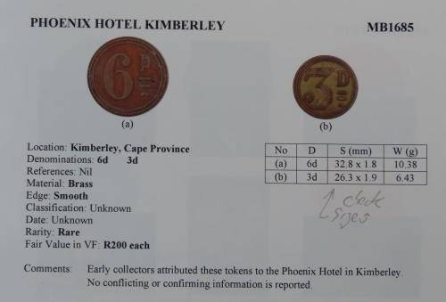 Phoenix Hotel Kimberley 6d token (MB1685)