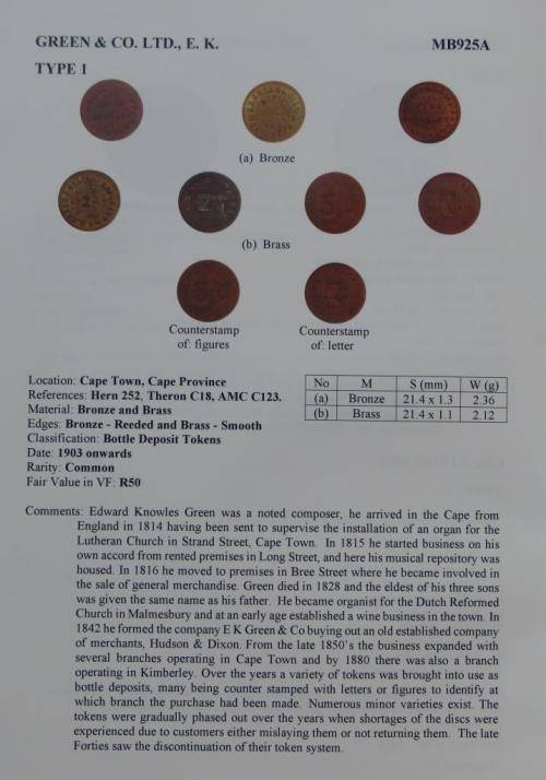 Lot of 7 x various Green and Co tokens (MB925A)