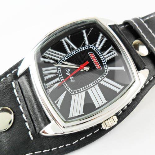 Stylish and Large Metal Case with Leather Band Men's Watch
