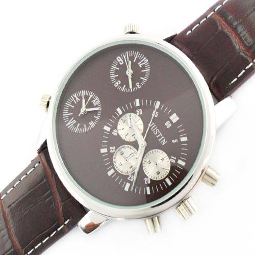Stylish and Large Metal Case Three Movement With Leather Band Men's Watch