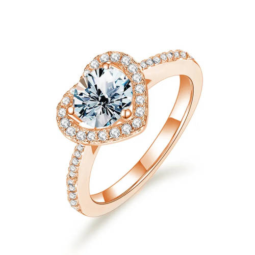 D color moissanite heart shape halo ring 925 sterling silver 18K rose gold Platted 2 carat