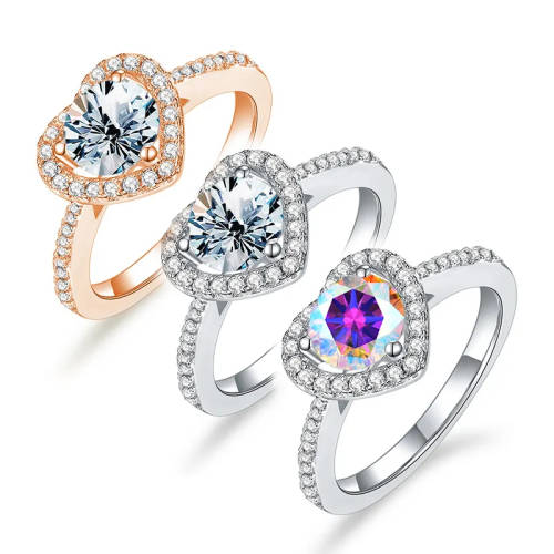D color moissanite heart shape halo ring 925 sterling silver 18K rose gold Platted 2 carat