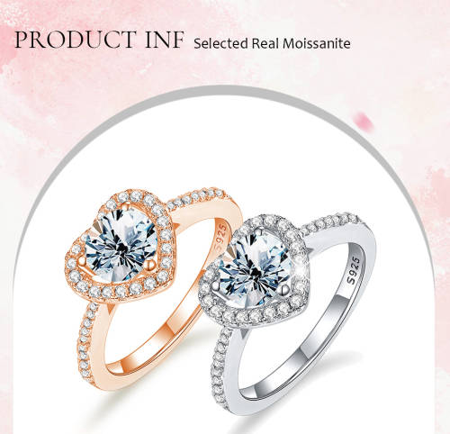 D color moissanite heart shape halo ring 925 sterling silver 18K rose gold Platted 2 carat