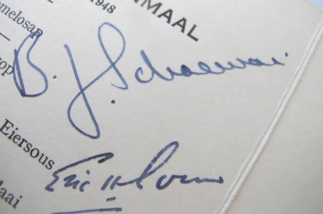 SOUTH AFRICA - 1948 OPENING DAY LUNCHEON OF THE NATIONAL PARTY GOVERNMENT WITH SIGNATURES