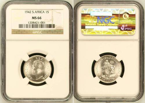 SA Union - Silver 1 Shilling 1942 - NGC MS66 POP1 - THE SINGLE HIGHEST GRADE - NO PROOFS MINTED!!!!!