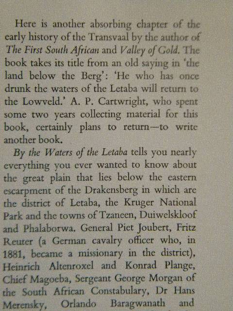 BY THE WATERS OF THE LETABA  by A. P. Cartwright  A History of the Transvaal Lowveld