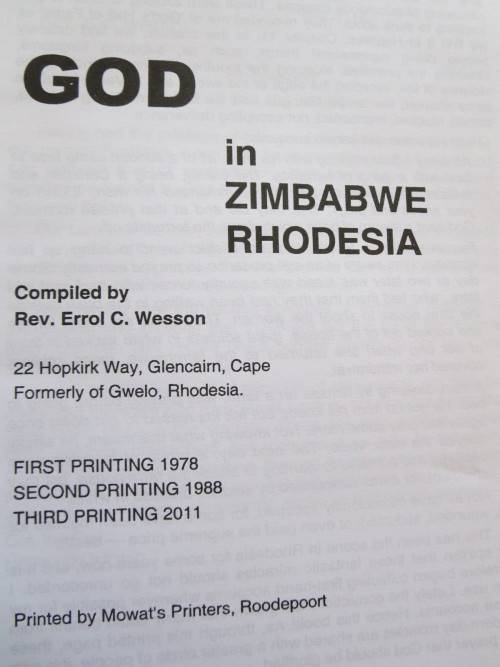 GOD IN ZIMBABWE RHODESIA  Compiled by Re. Errol C. Wesson  (RHODESIANA)