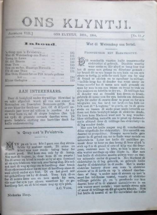 ONS KLYNTJI Enigste Tydskrif in Afrikaans Agste Jaargang 1904