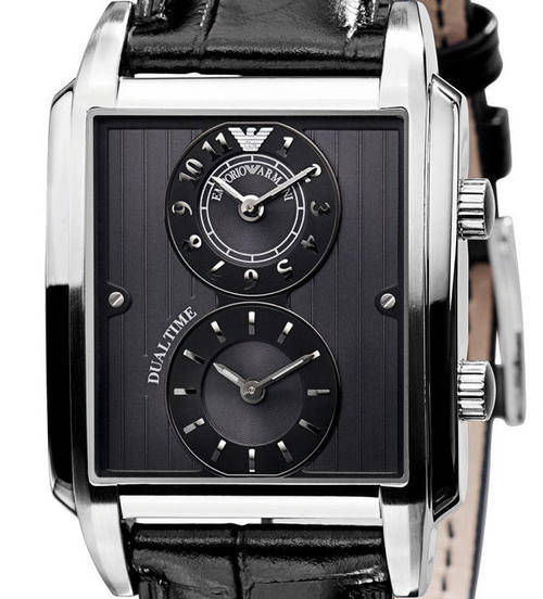 Emporio Armani Classic Dual Time Men's Steel Watch AR0476 Black Leather Strap
