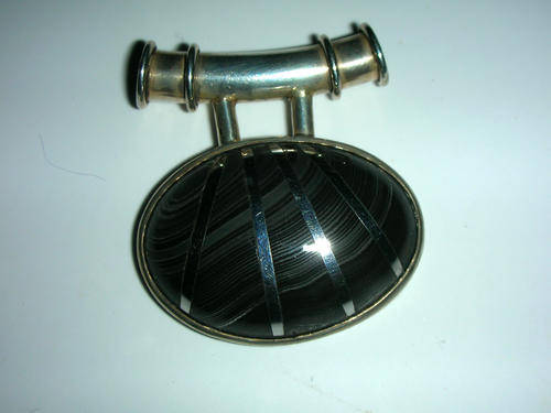 Oriental Style Sterling Silver and Black  Agate Pendant