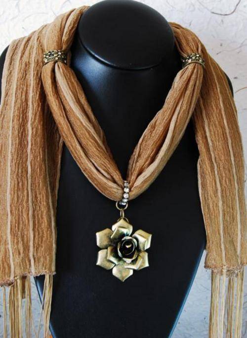 Summer sale!! Stunning Light Brown Scarve with Rose Pendant!