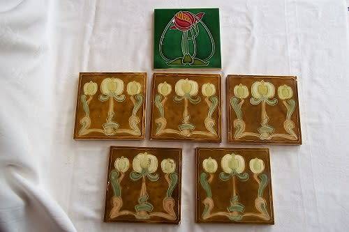 6 Antique Art Nouveau porcelain hand painted ceramic tiles