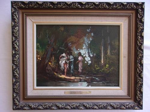 Lovely framed oil on board painting signed Andre Grobler - Picnic at Fern Pool