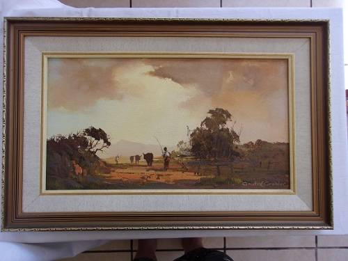 Beautiful Cattle Herding country scene oil on canvas painting by Andre Grobler