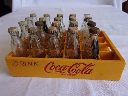 Vintage miniature Coca-Cola crate with 20 glass miniature Coca-Cola bottles
