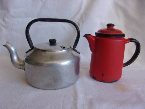 Vintage retro orange & black enamel coffee pot & small stove top kettle