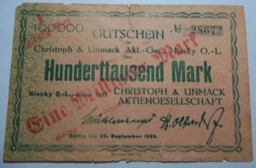 August 1923 Germany Hunderttausend (100 000) Mark hyperinflation voucher