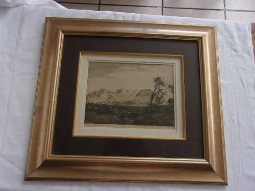 Original framed Tinus de Jongh etching - Table Mountain and Cape Town