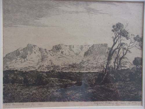Original framed Tinus de Jongh etching - Table Mountain and Cape Town