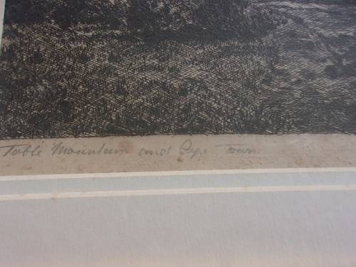 Original framed Tinus de Jongh etching - Table Mountain and Cape Town
