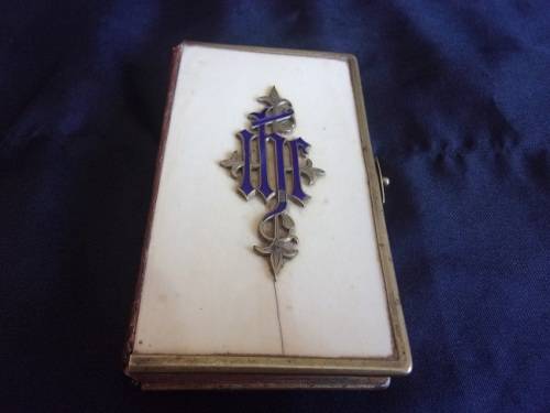 Victorian bone bound Book of Common Prayer with enameled brass monogram & trim