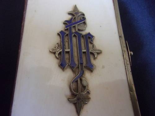 Victorian bone bound Book of Common Prayer with enameled brass monogram & trim