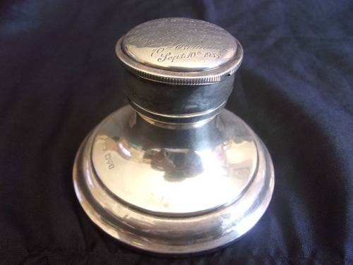 Vintage Sterling silver capstan shaped inkwell with a clock in the lid