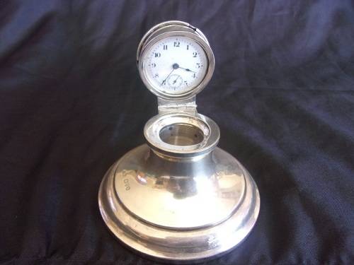 Vintage Sterling silver capstan shaped inkwell with a clock in the lid