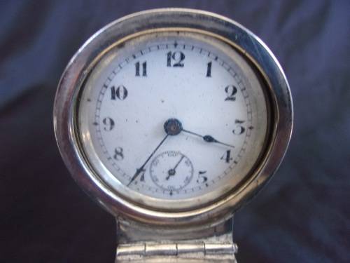 Vintage Sterling silver capstan shaped inkwell with a clock in the lid