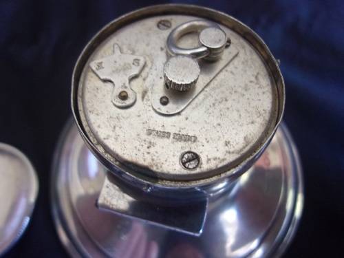 Vintage Sterling silver capstan shaped inkwell with a clock in the lid